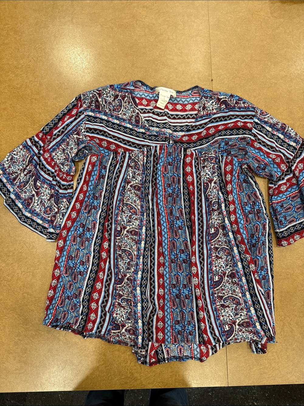 Paisley Vine Boho Stripe & Paisley Peasant Flowy Blouse - Red/Blue Size S